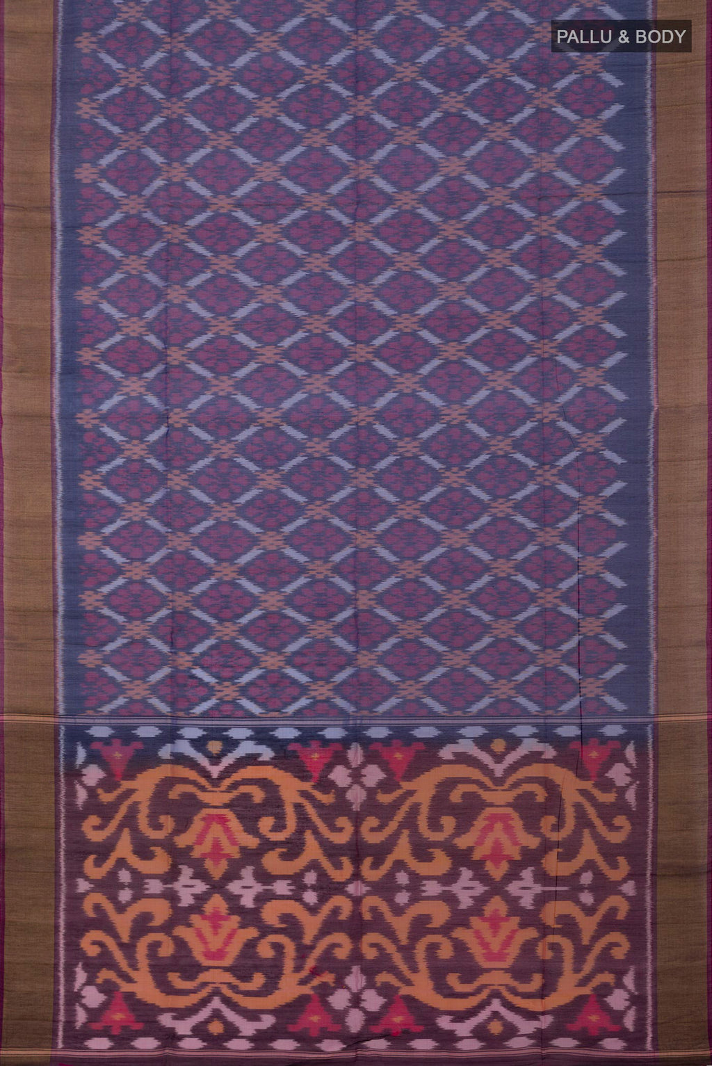 Flat view of Blue Silk Cotton Saree with Ikat Print on the body and Zari Border. 