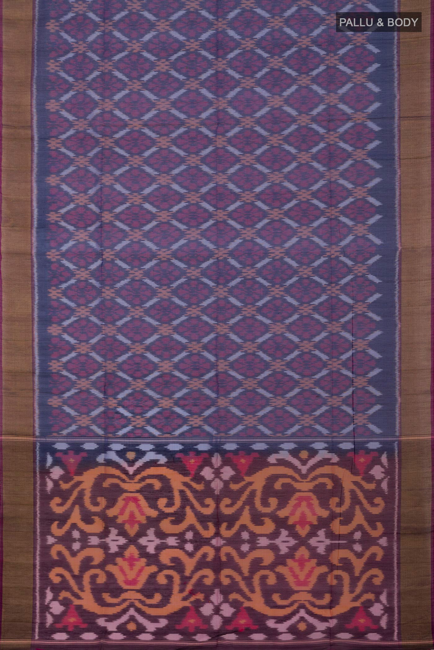 Flat view of Blue Silk Cotton Saree with Ikat Print on the body and Zari Border. 