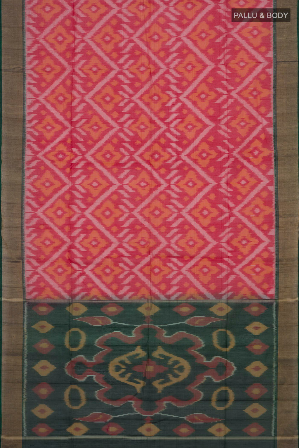 Flat view of Red Silk Cotton Saree with Ikat design on the body and Zari Border. 