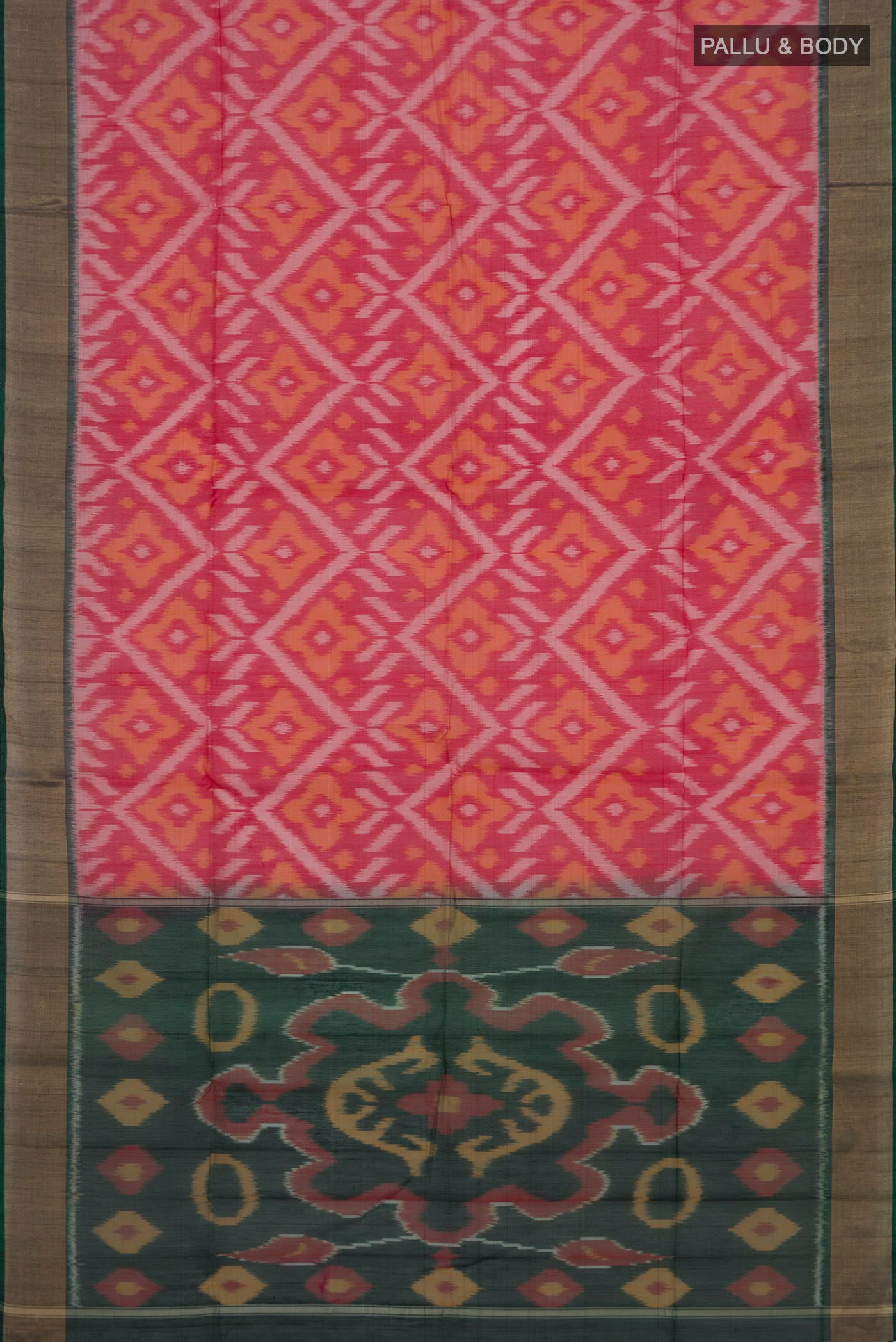 Flat view of Red Silk Cotton Saree with Ikat design on the body and Zari Border. 