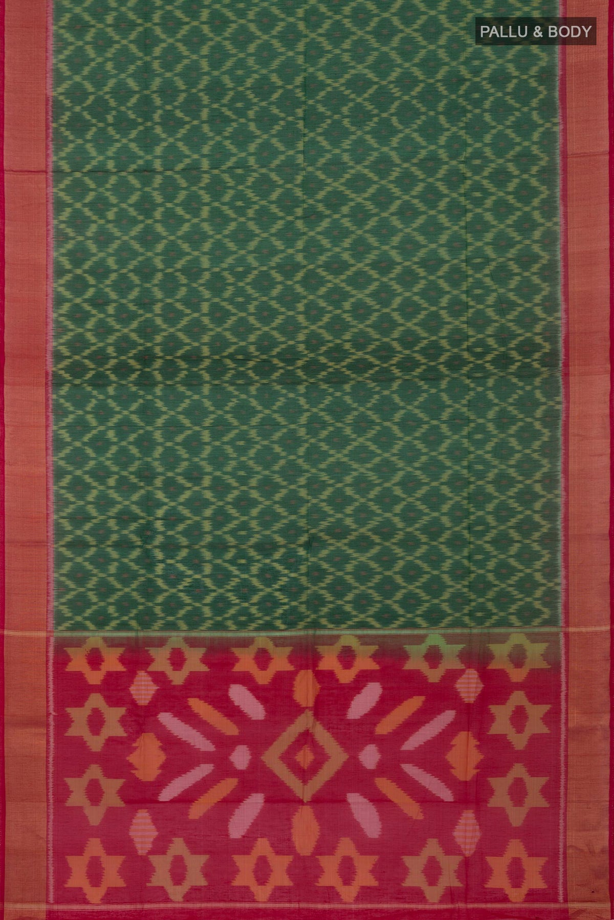 Flat view of Green Silk Cotton Saree with Ikat Print on the body and Zari Border. 