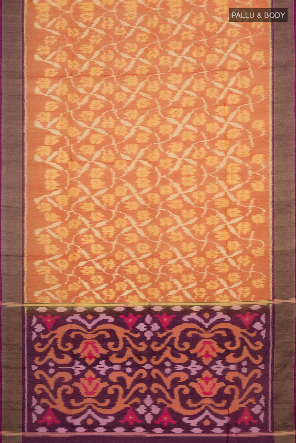 Flat view of Yellow Silk Cotton Saree with Ikat design on the body and Zari Border. 