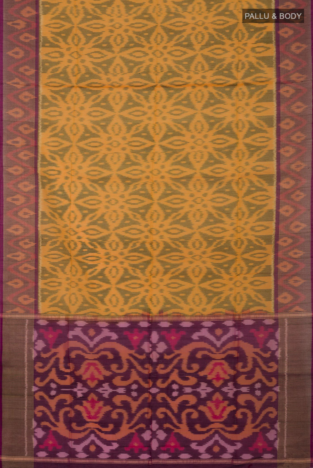 Flat view of Yellow Silk Cotton Saree with Ikat Print on the body and Zari Border. 