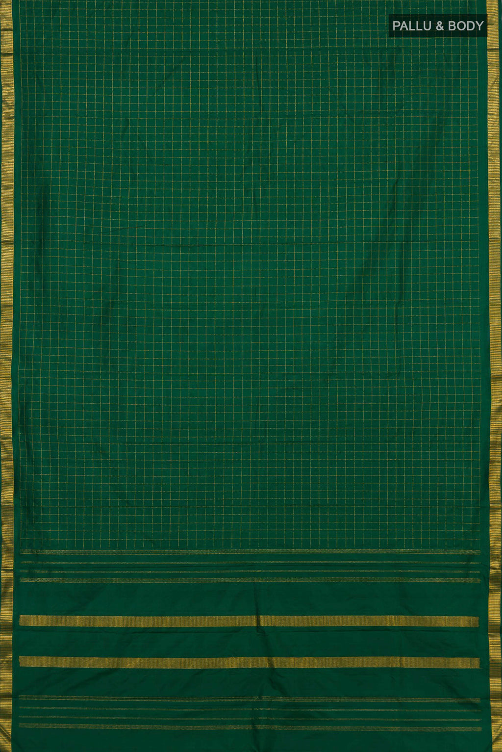 Flat view of Pure Silk Green Kanjivaram Saree with Checked design on the body and Zari Border. 