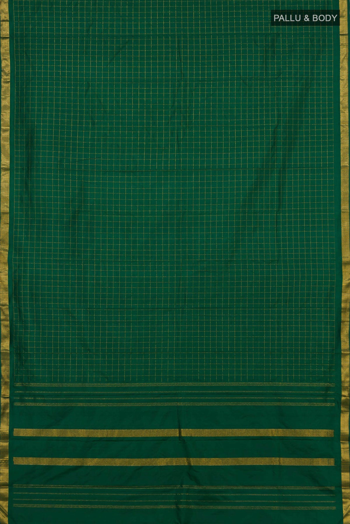 Flat view of Pure Silk Green Kanjivaram Saree with Checked design on the body and Zari Border. 
