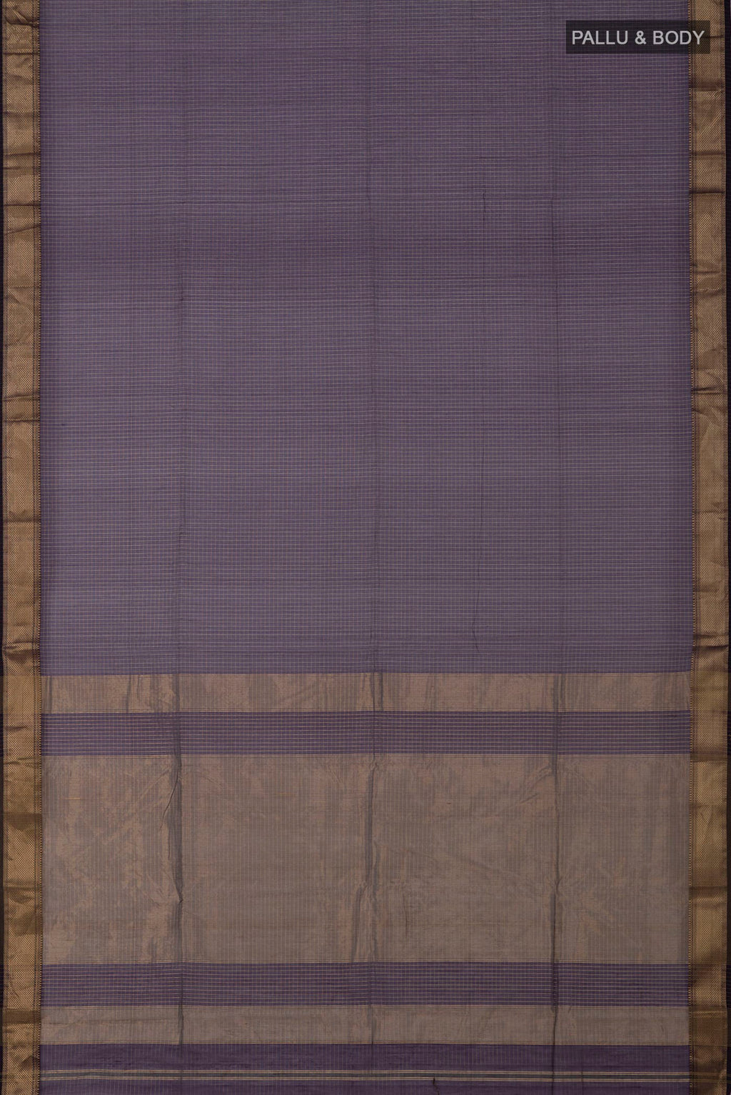 Flat view of Purple Maheshwari Silk Cotton Saree with Stripes on the body and Zari Border. 