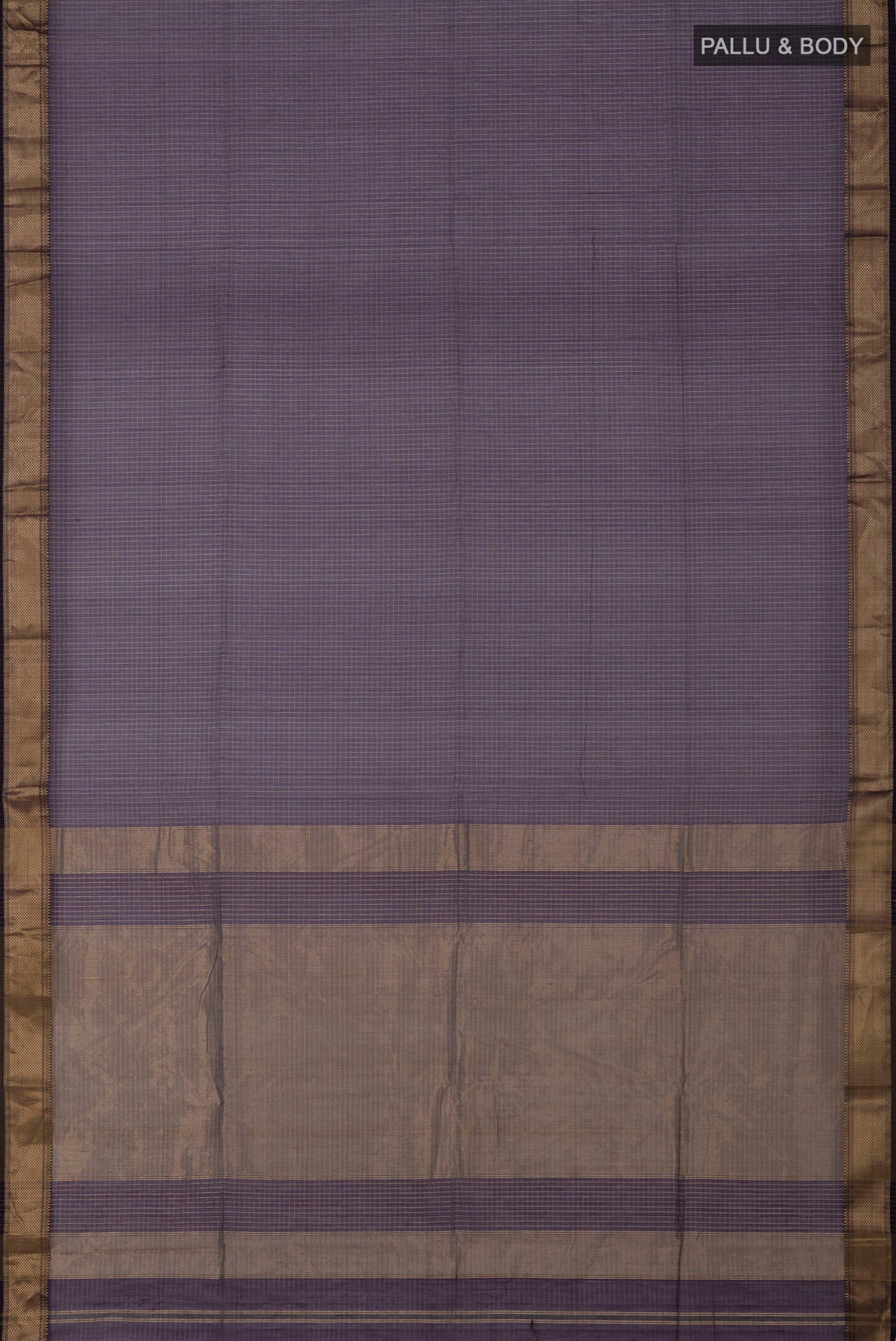 Flat view of Purple Maheshwari Silk Cotton Saree with Stripes on the body and Zari Border. 