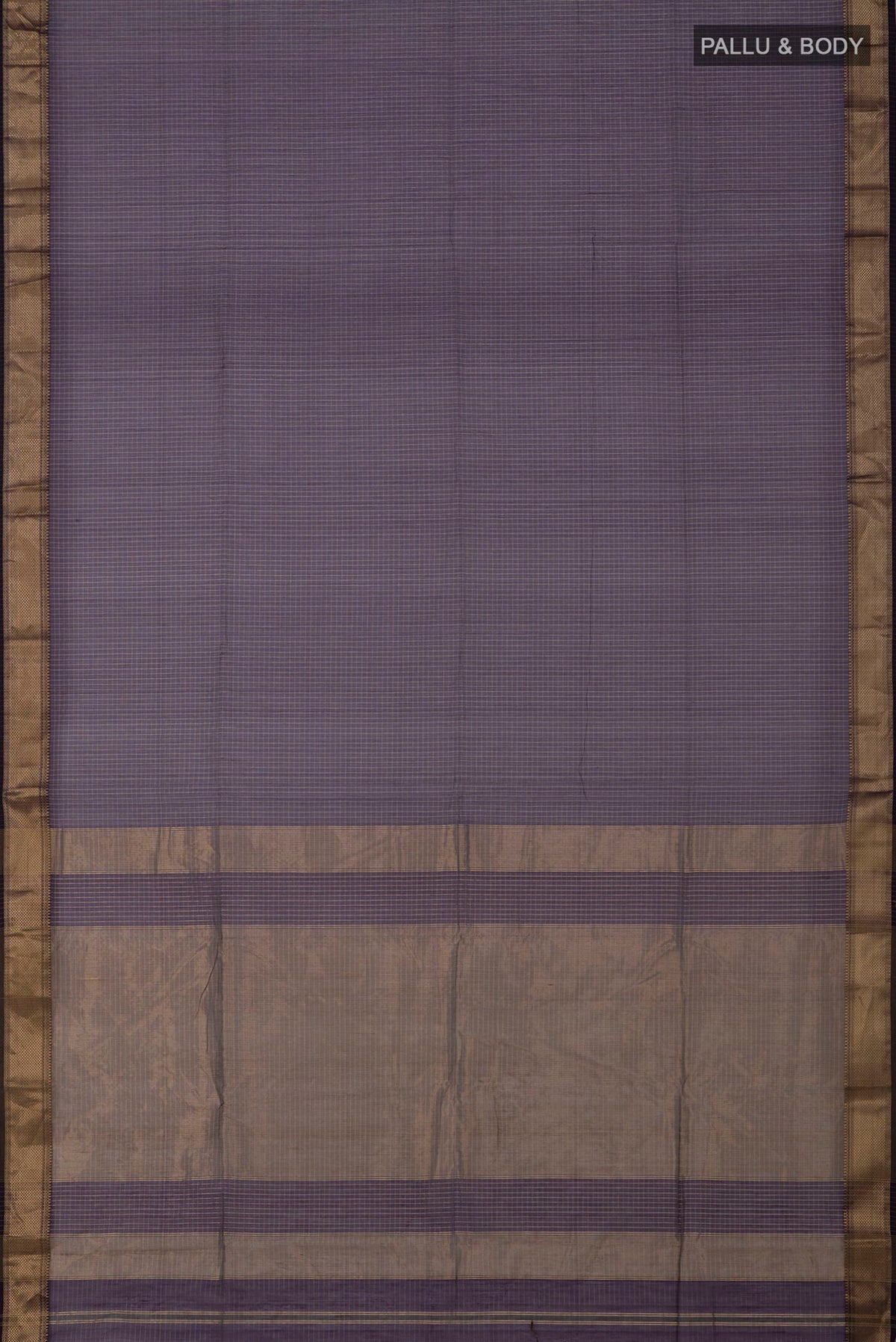 Flat view of Purple Maheshwari Silk Cotton Saree with Stripes on the body and Zari Border. 