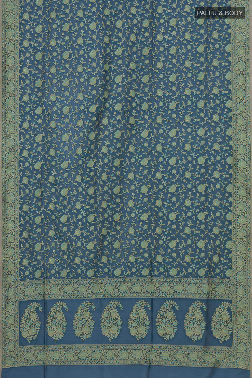 Flat view of Blue Grey Banarasi Silk Saree with Zari And Thread Butta on the body and Zari Border. 