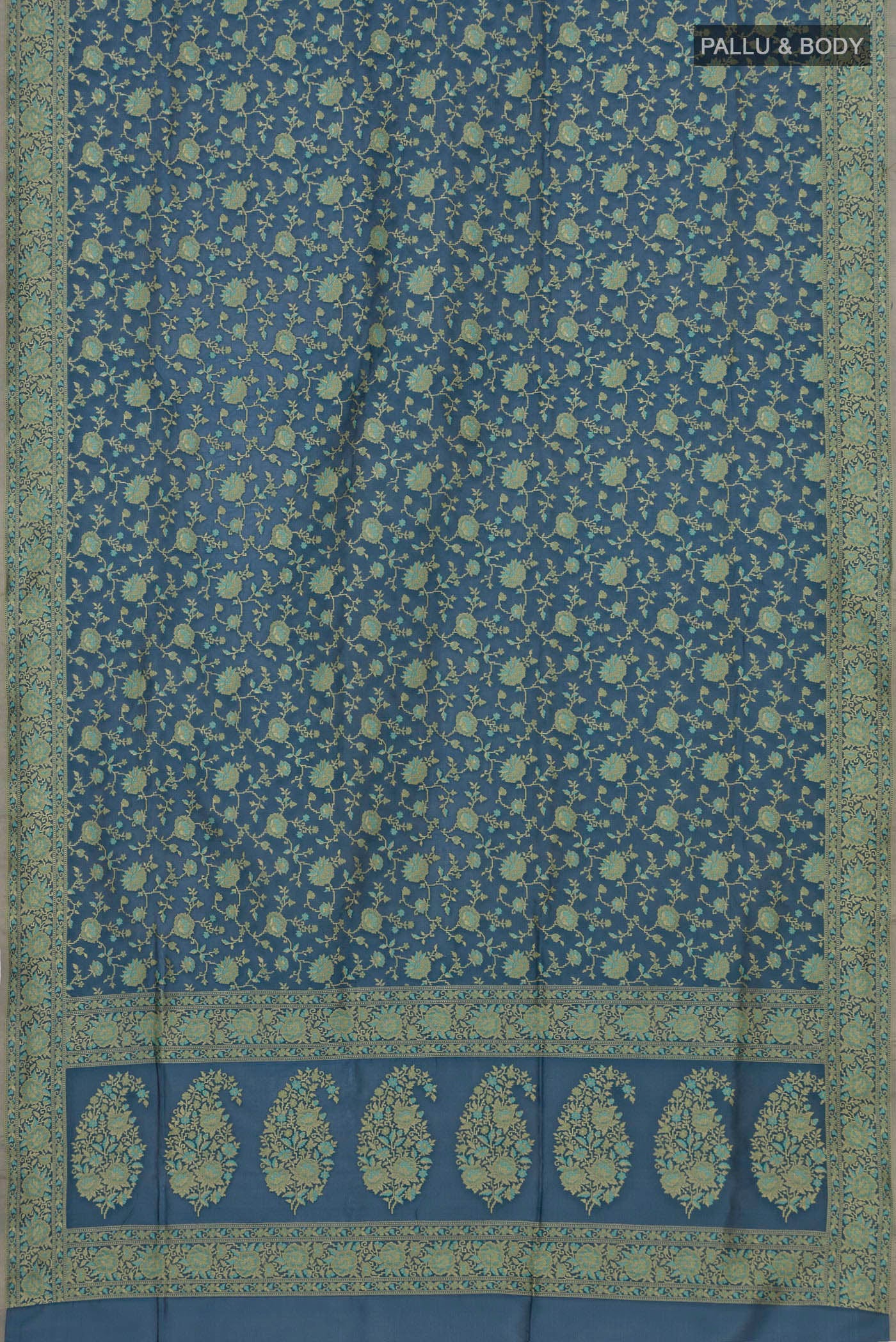 Flat view of Blue Grey Banarasi Silk Saree with Zari And Thread Butta on the body and Zari Border. 