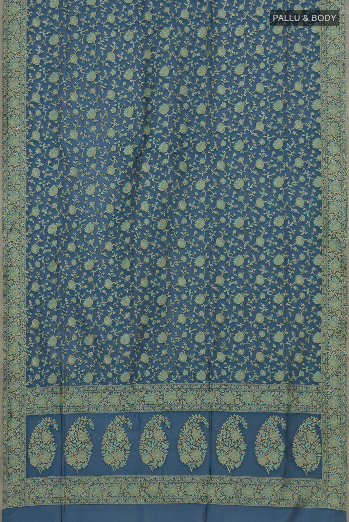 Flat view of Blue Grey Banarasi Silk Saree with Zari And Thread Butta on the body and Zari Border. 