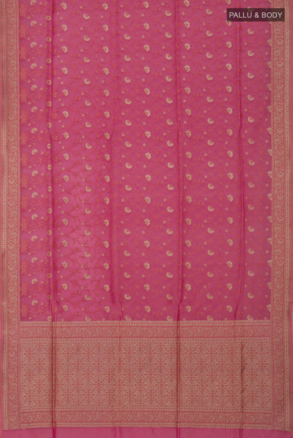Flat view of Pink Banarasi Saree with Fancy on the body and Fancy Border. 