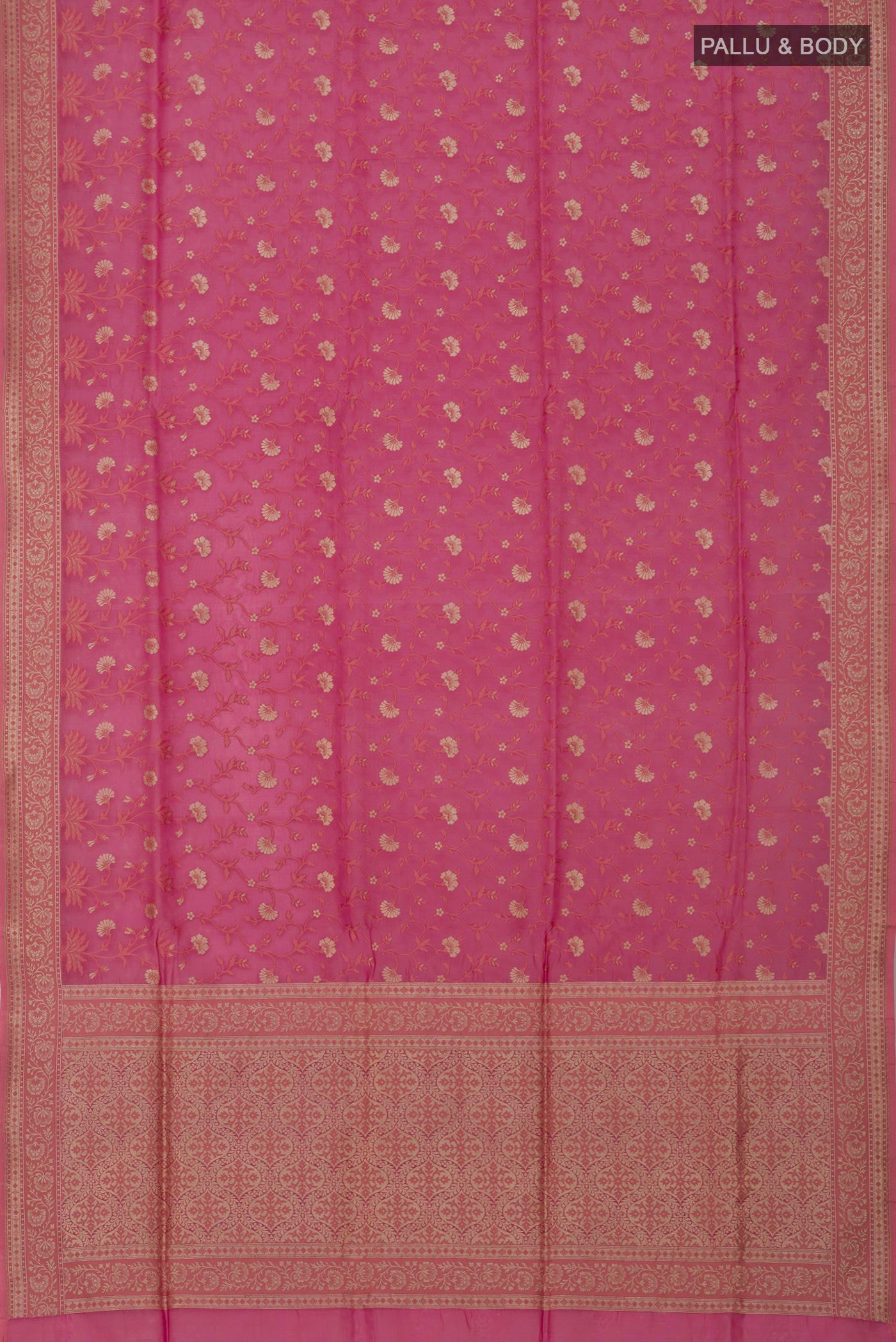 Flat view of Pink Banarasi Saree with Fancy on the body and Fancy Border. 