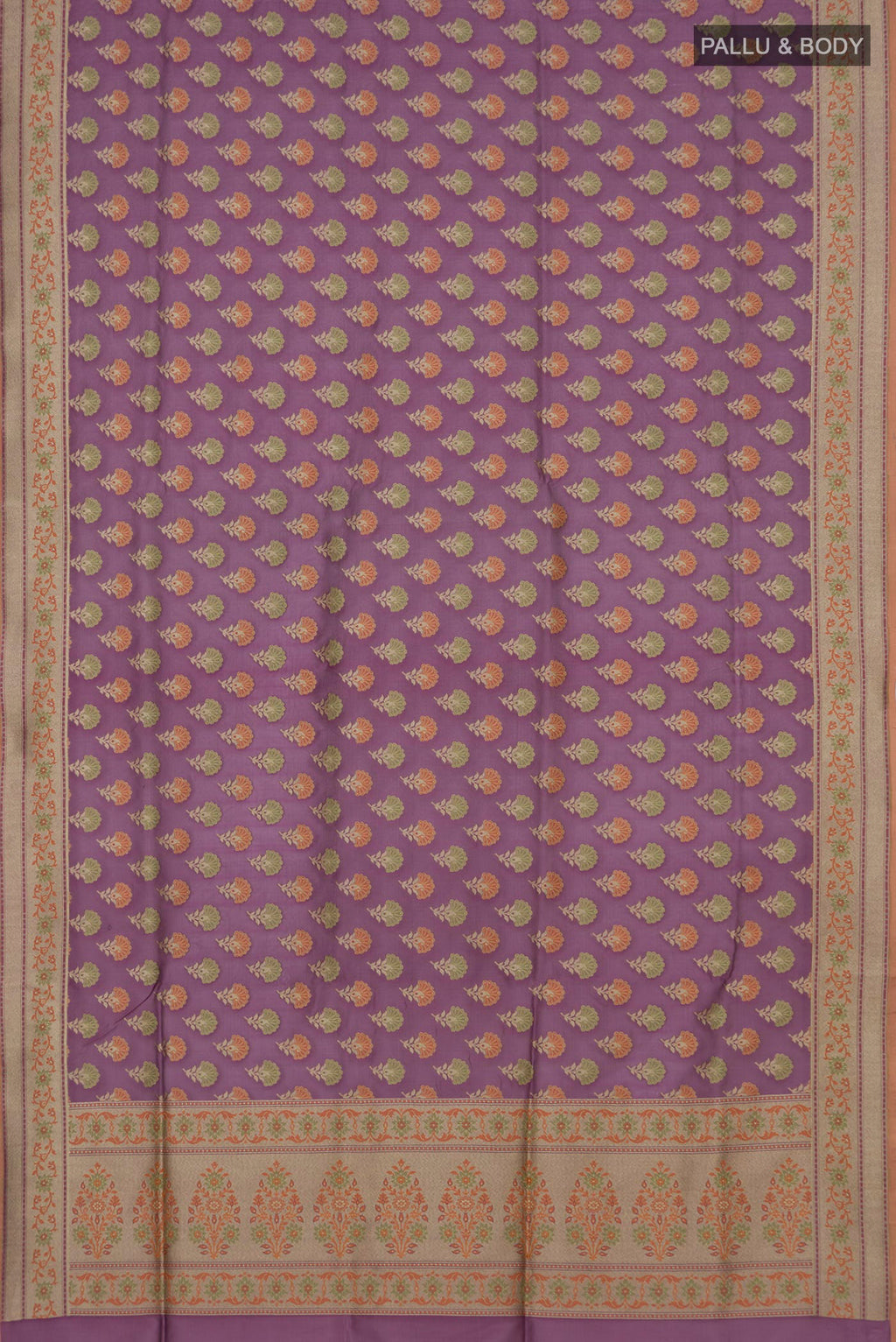 Flat view of Pure Silk Mauve Banarasi Saree with Thread Butta on the body and Zari Border. 