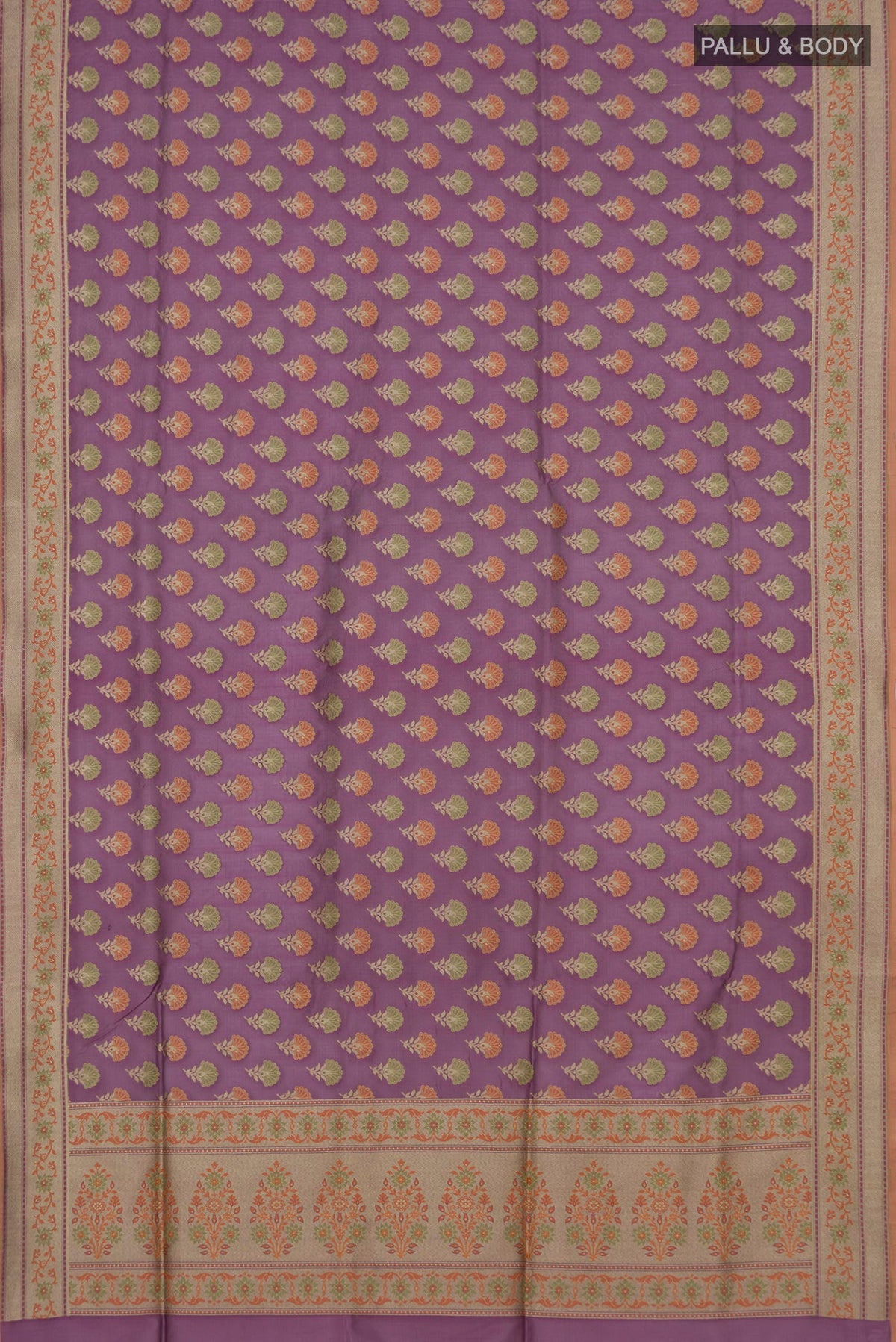 Flat view of Pure Silk Mauve Banarasi Saree with Thread Butta on the body and Zari Border. 