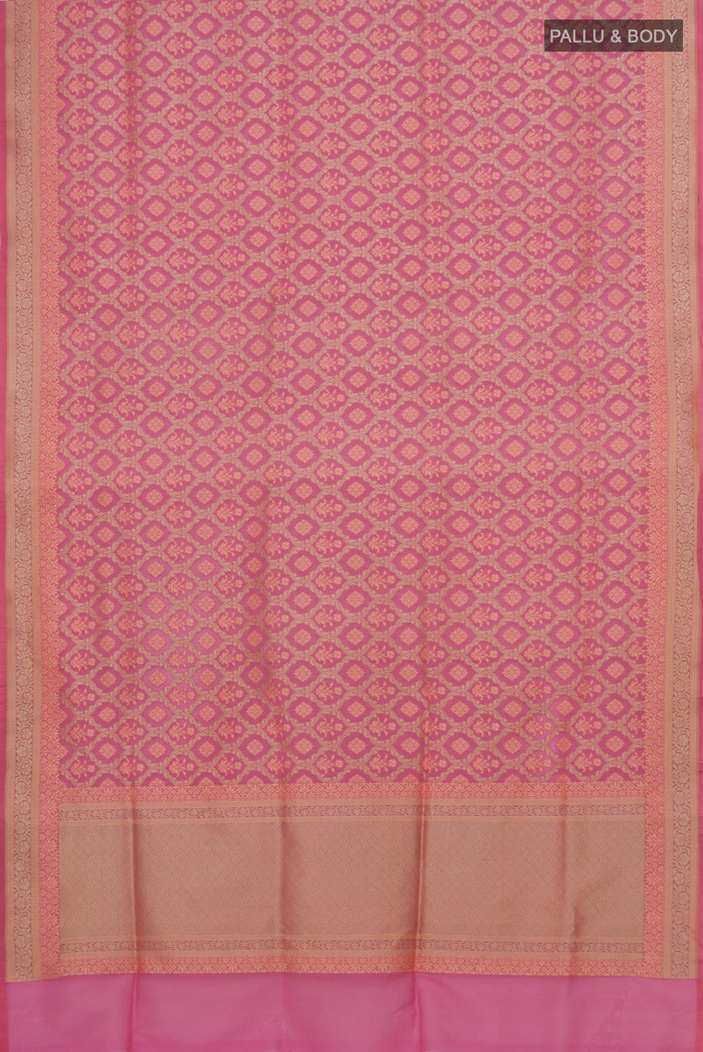 Flat view of Pure Silk Pink Banarasi Saree with Zari And Thread Butta on the body and Zari Border. 