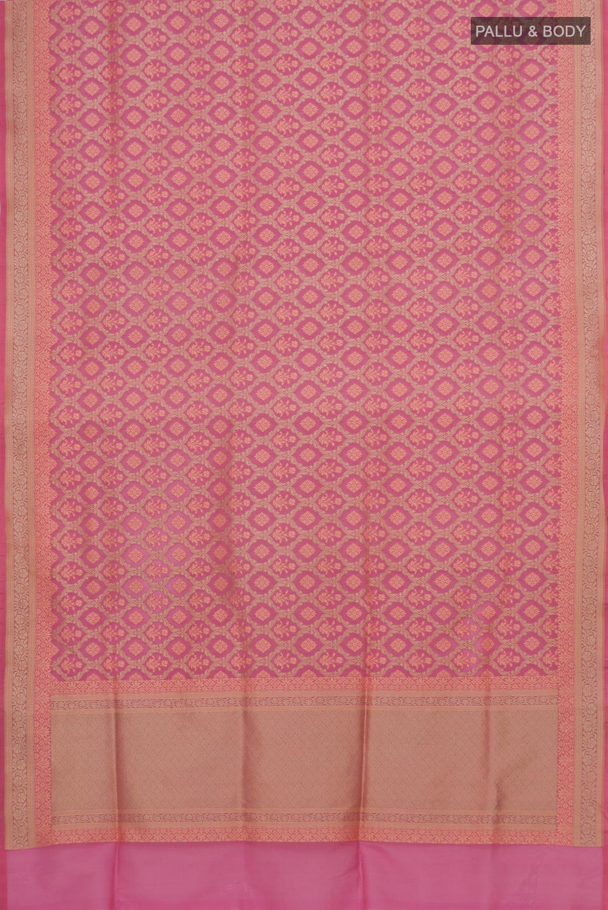 Flat view of Pure Silk Pink Banarasi Saree with Zari And Thread Butta on the body and Zari Border. 