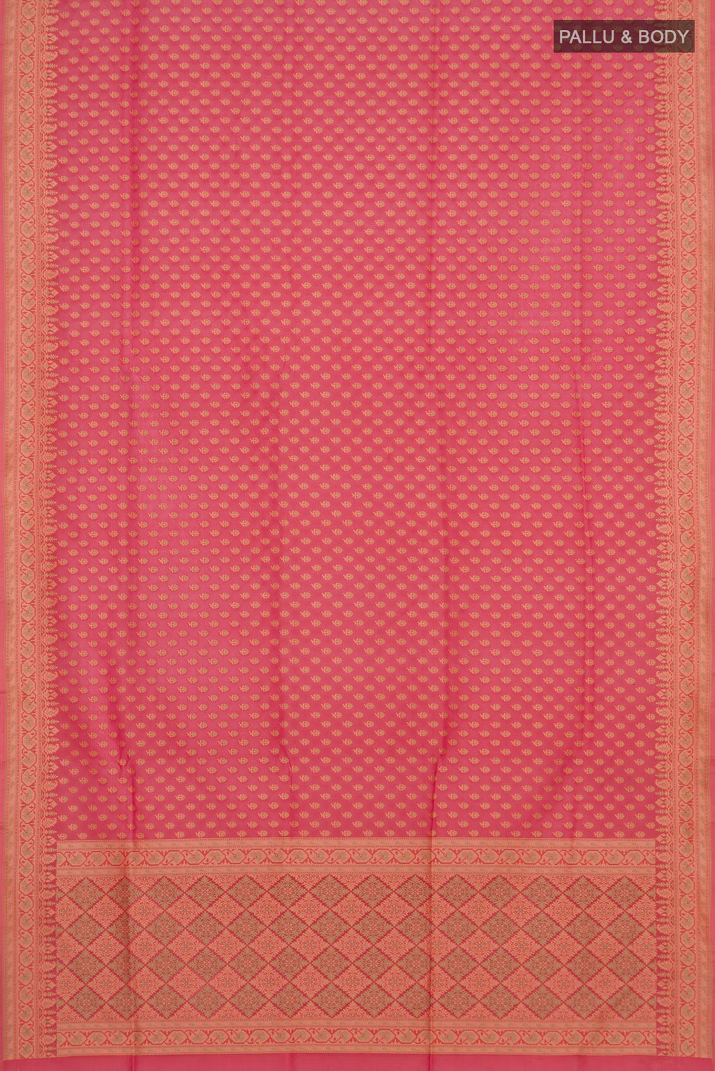 Flat view of Pure Silk Coral Banarasi Saree with Zari And Thread Butta on the body and Zari Border. 