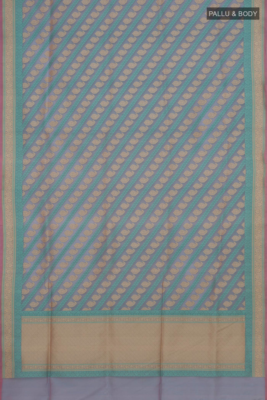 Flat view of Pure Silk Blue Grey Banarasi Saree with Thread Butta on the body and Zari Border. 