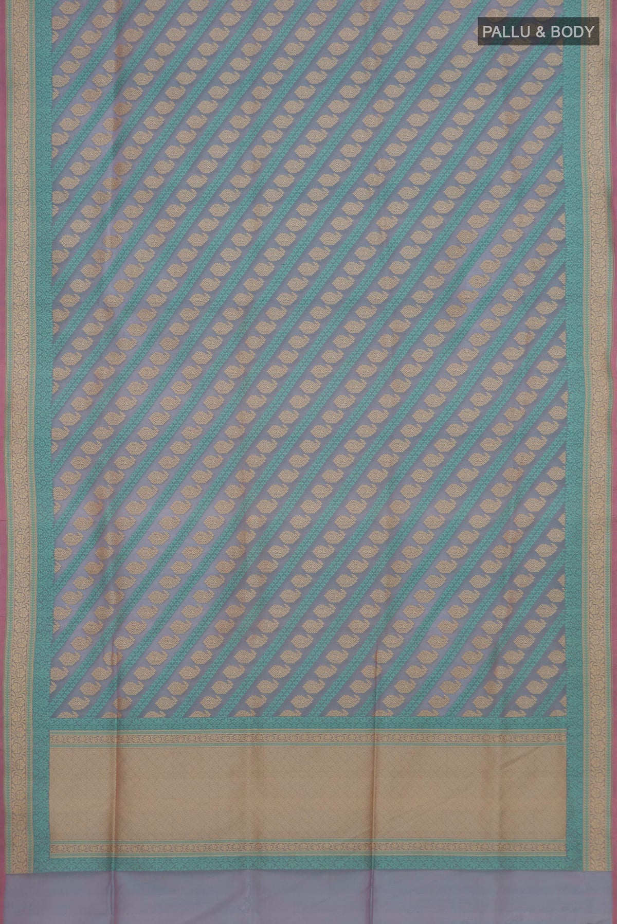 Flat view of Pure Silk Blue Grey Banarasi Saree with Thread Butta on the body and Zari Border. 