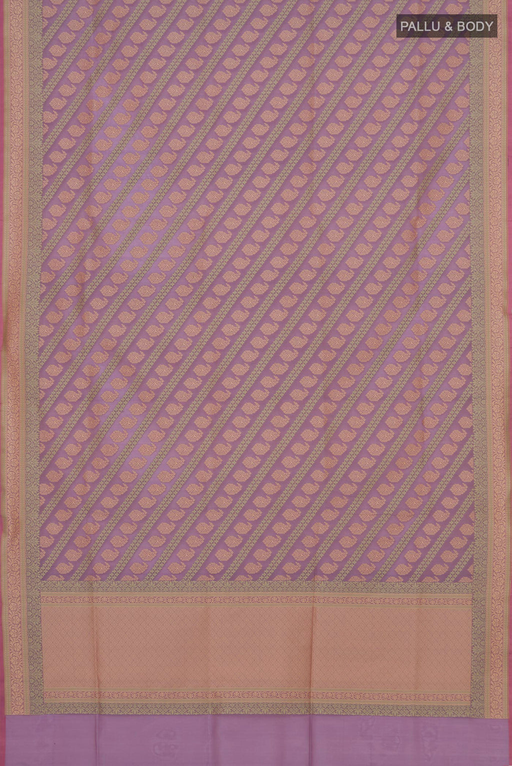 Flat view of Lavender Banarasi Silk Saree with Zari And Thread Butta on the body and Fancy Border. 