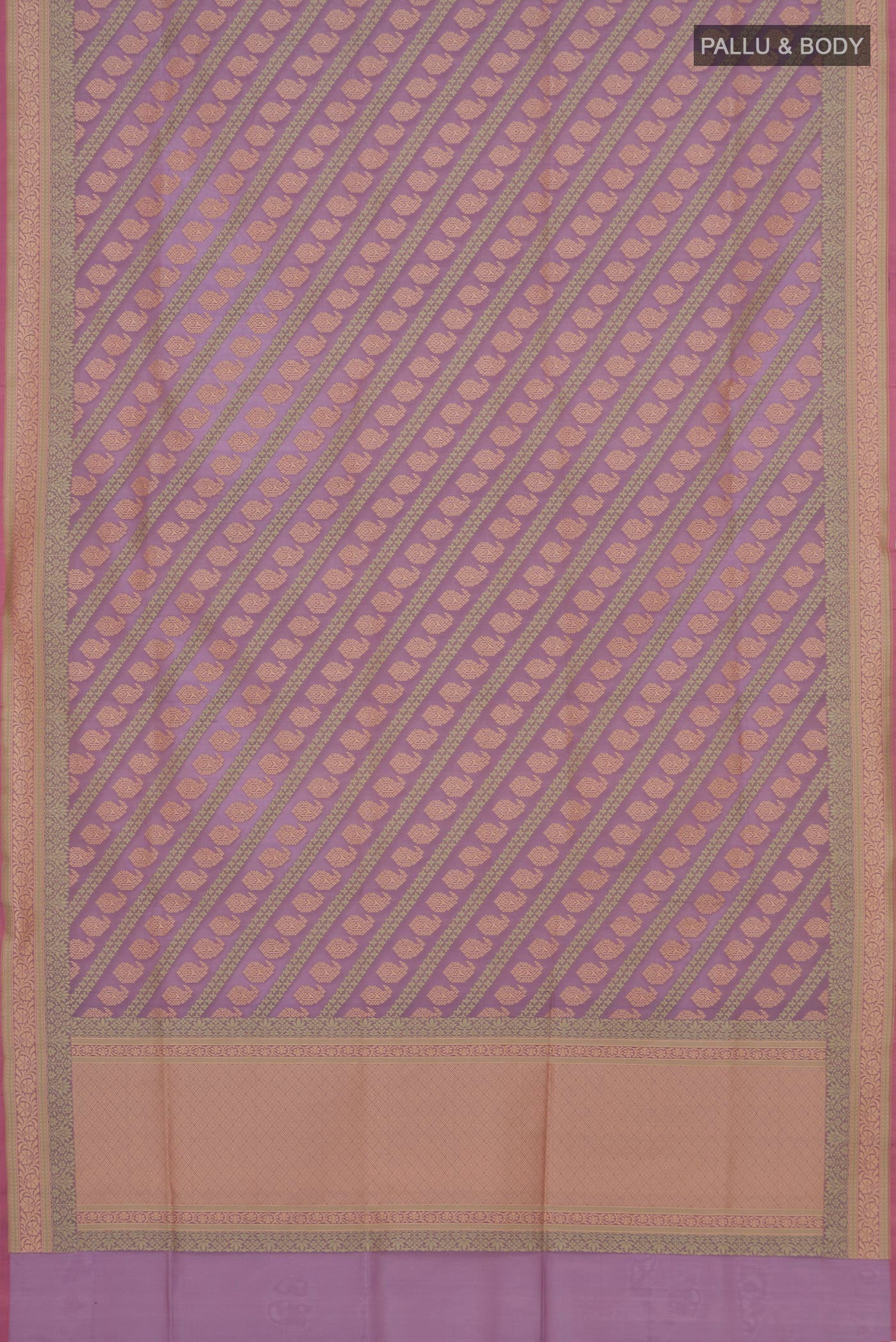 Flat view of Lavender Banarasi Silk Saree with Zari And Thread Butta on the body and Fancy Border. 