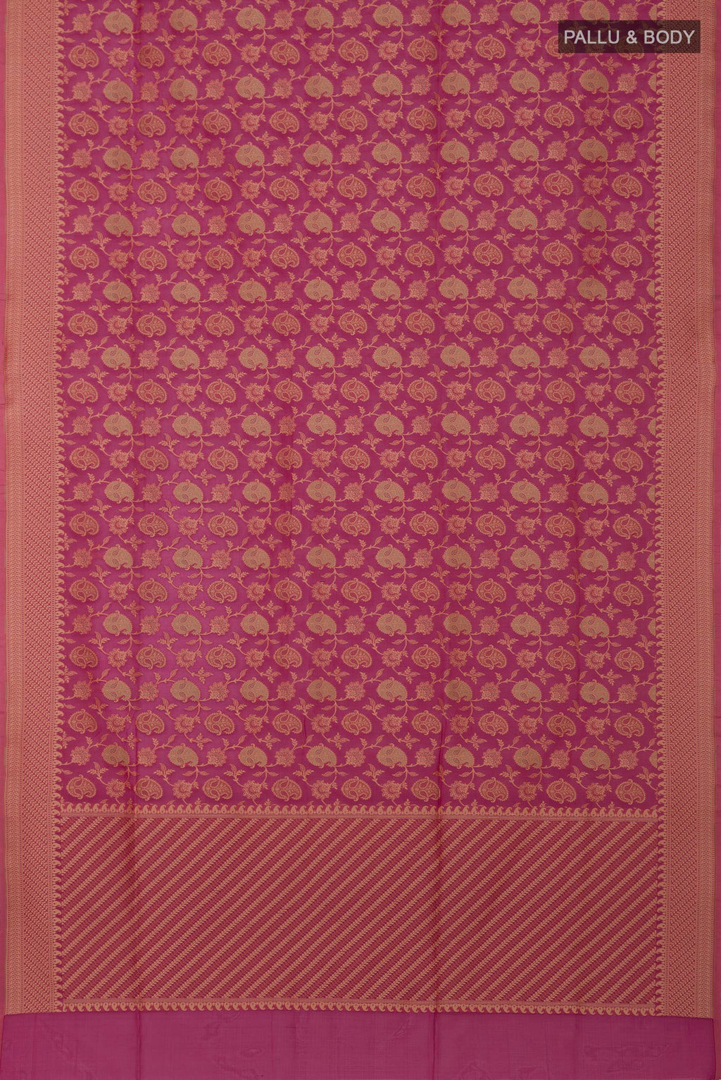 Flat view of Rani Pink Banarasi Silk Saree with Zari Brocade on the body and Zari Border. 