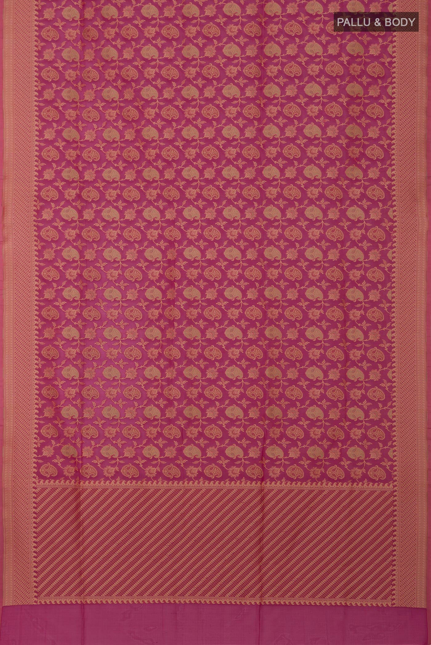 Flat view of Rani Pink Banarasi Silk Saree with Zari Brocade on the body and Zari Border. 
