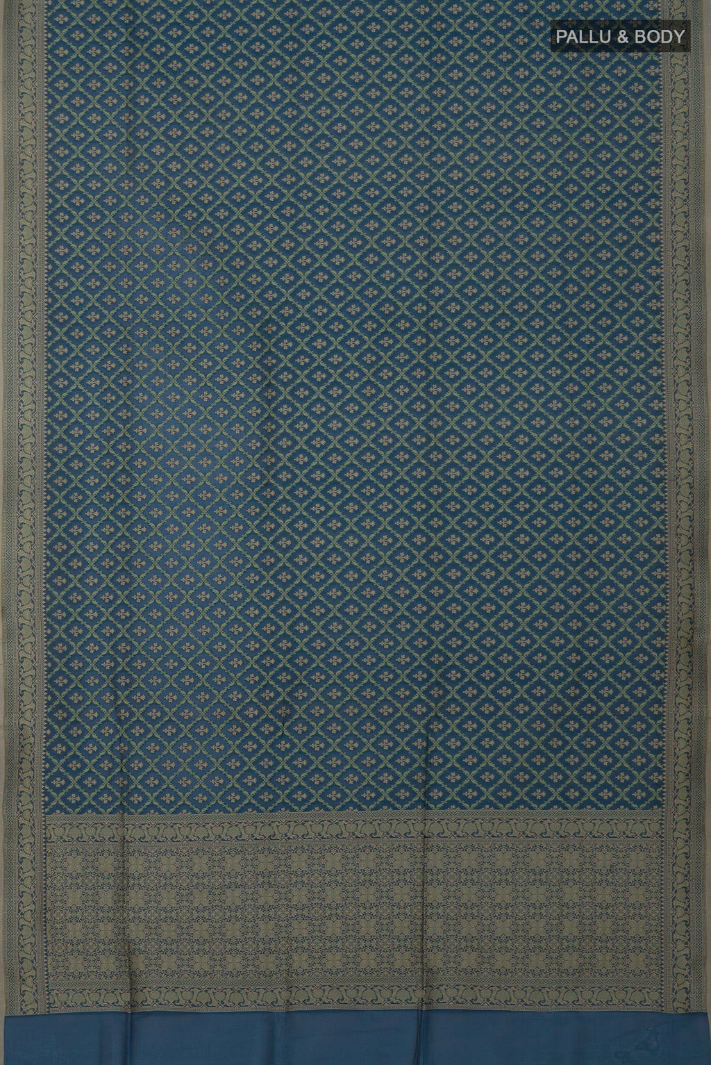 Flat view of Blue Banarasi Saree with Fancy on the body and Fancy Border. 