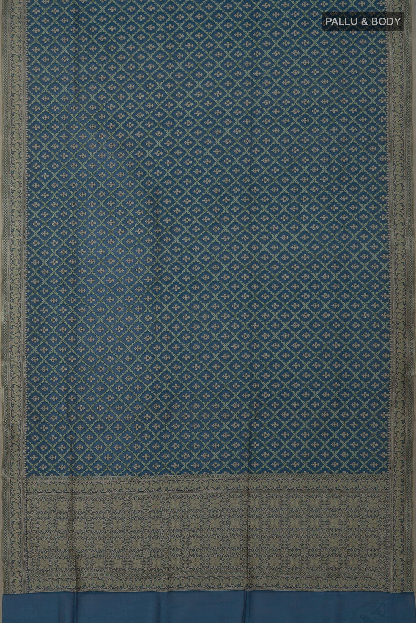Flat view of Blue Banarasi Saree with Fancy on the body and Fancy Border. 