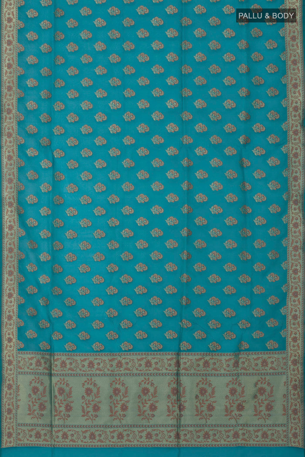 Flat view of Blue Banarasi Saree with Zari Butta on the body and Fancy Border. 