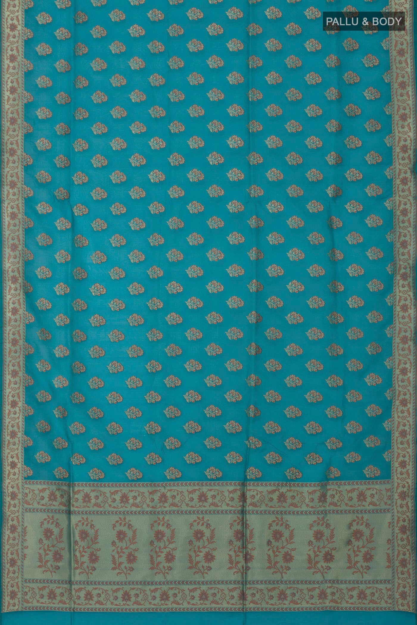 Flat view of Blue Banarasi Saree with Zari Butta on the body and Fancy Border. 