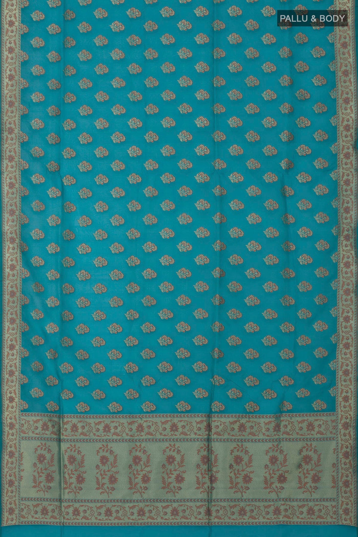 Flat view of Blue Banarasi Saree with Zari Butta on the body and Fancy Border. 