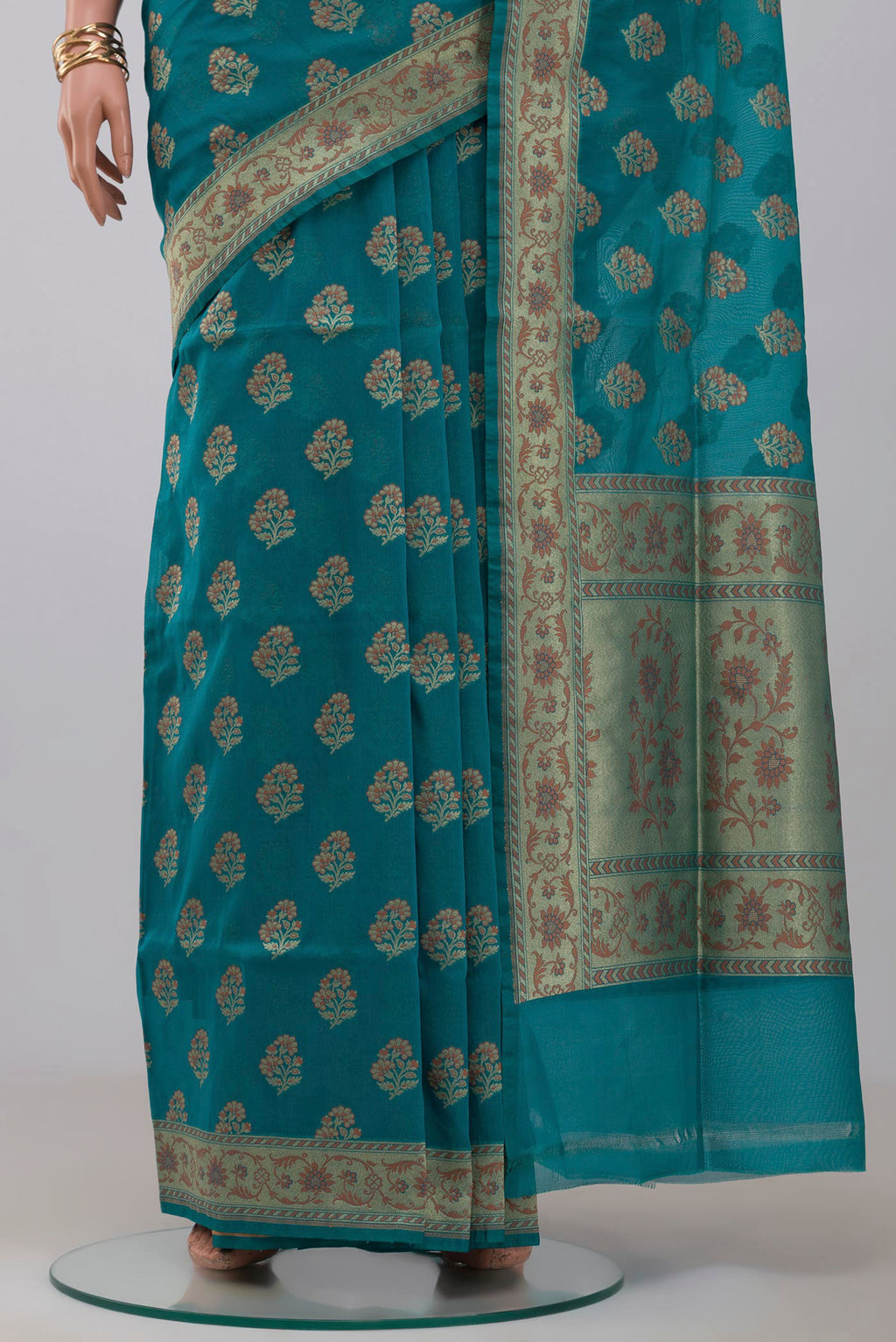 Pleats and pallu of Blue Banarasi Saree with Zari Butta on the body and Fancy Border. 