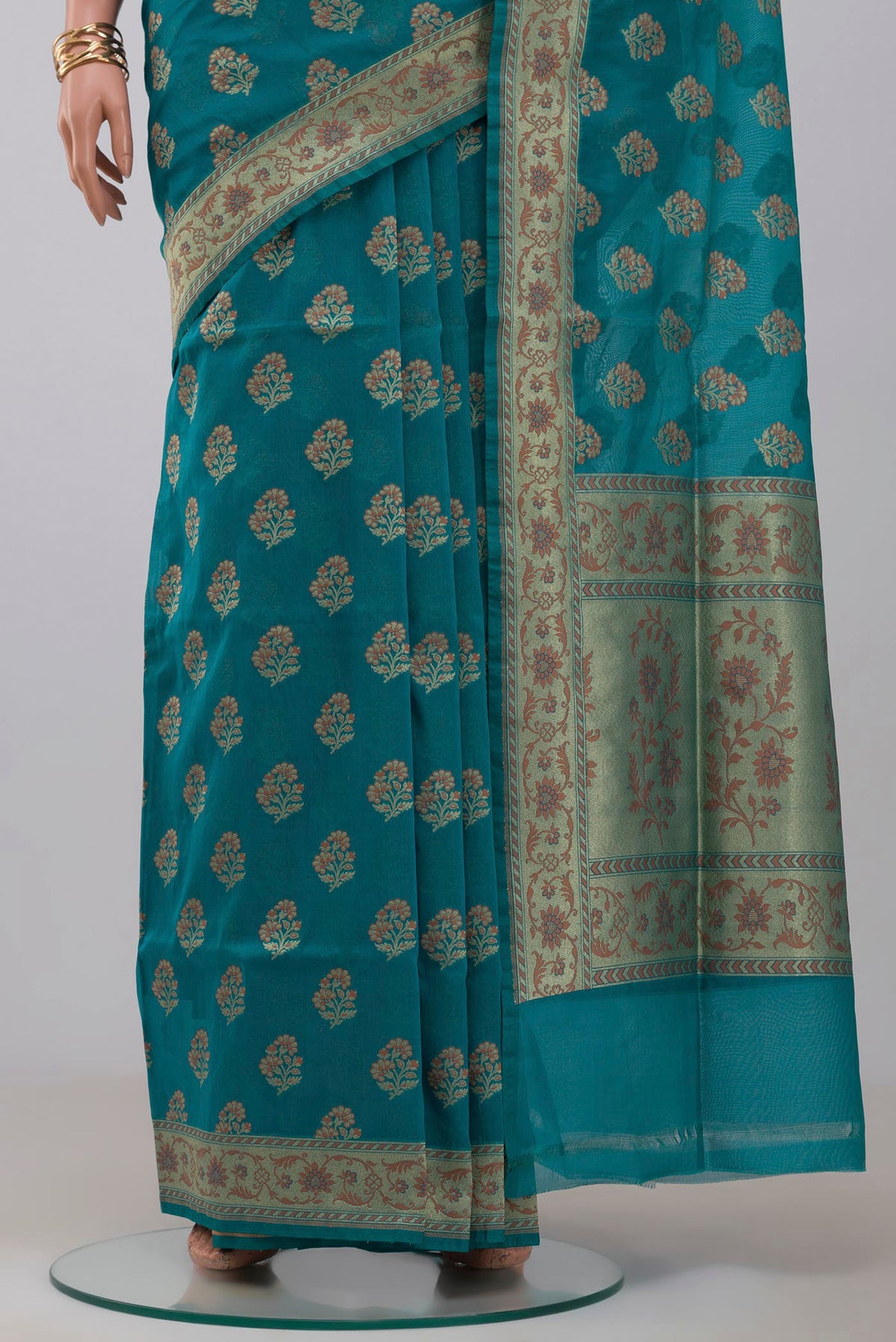 Pleats and pallu of Blue Banarasi Saree with Zari Butta on the body and Fancy Border. 