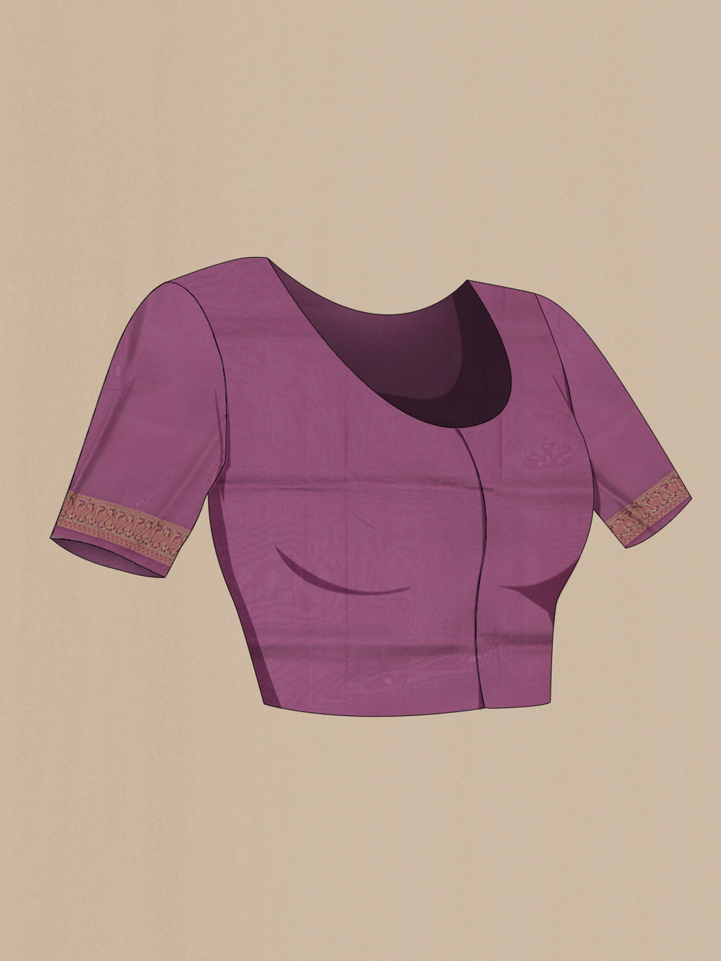 Close up image of the blouse of Purple Banarasi Silk Saree with Zari Brocade on the body and Fancy Border. 