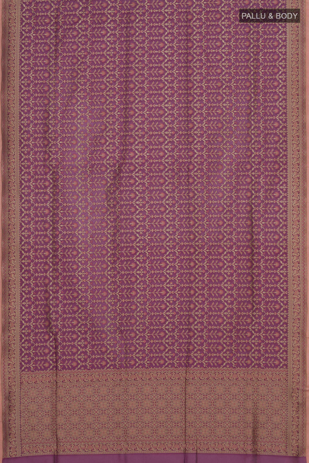 Flat view of Purple Banarasi Silk Saree with Zari Brocade on the body and Fancy Border. 