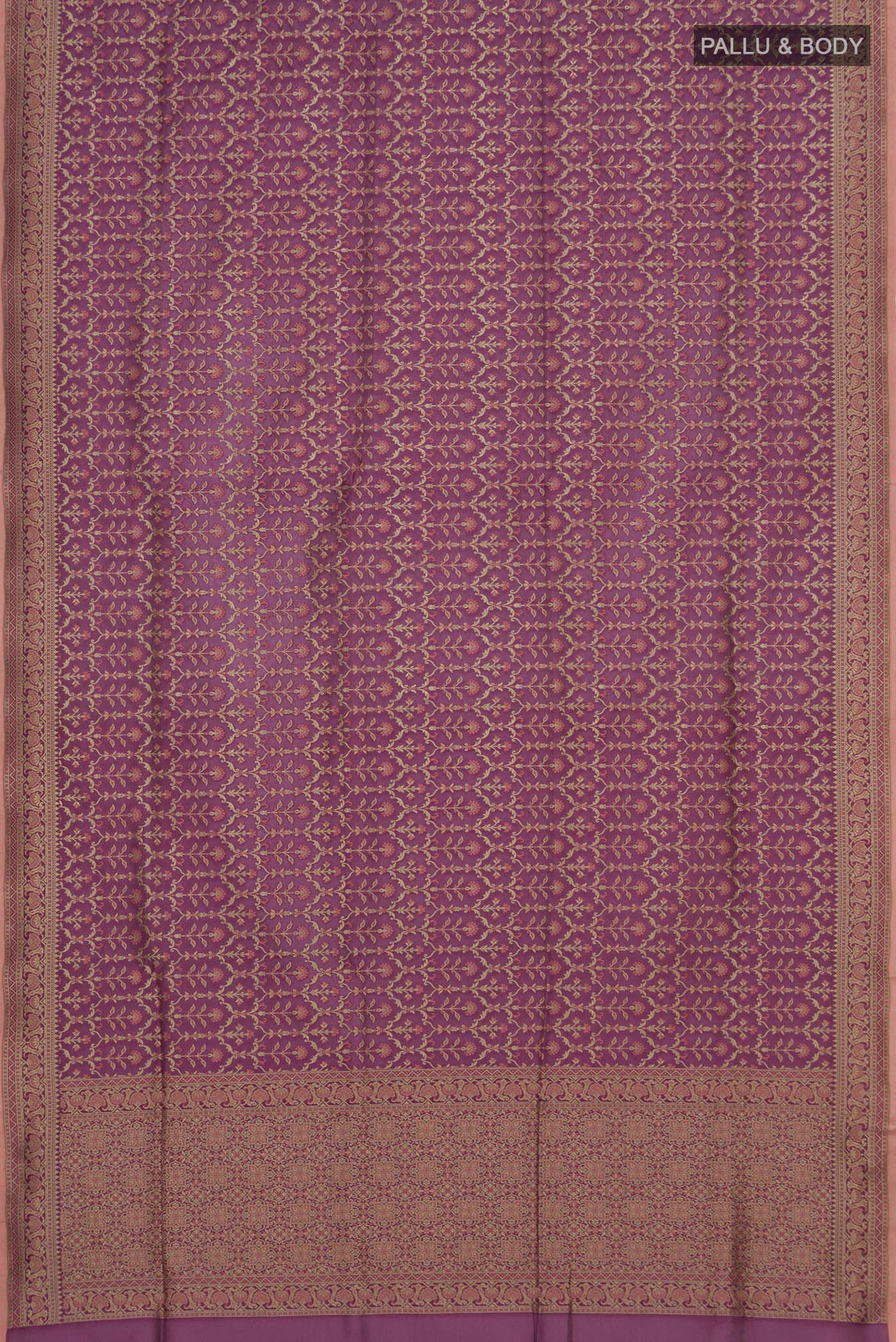 Flat view of Purple Banarasi Silk Saree with Zari Brocade on the body and Fancy Border. 