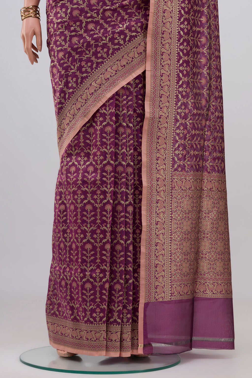 Pleats and pallu of Purple Banarasi Silk Saree with Zari Brocade on the body and Fancy Border. 