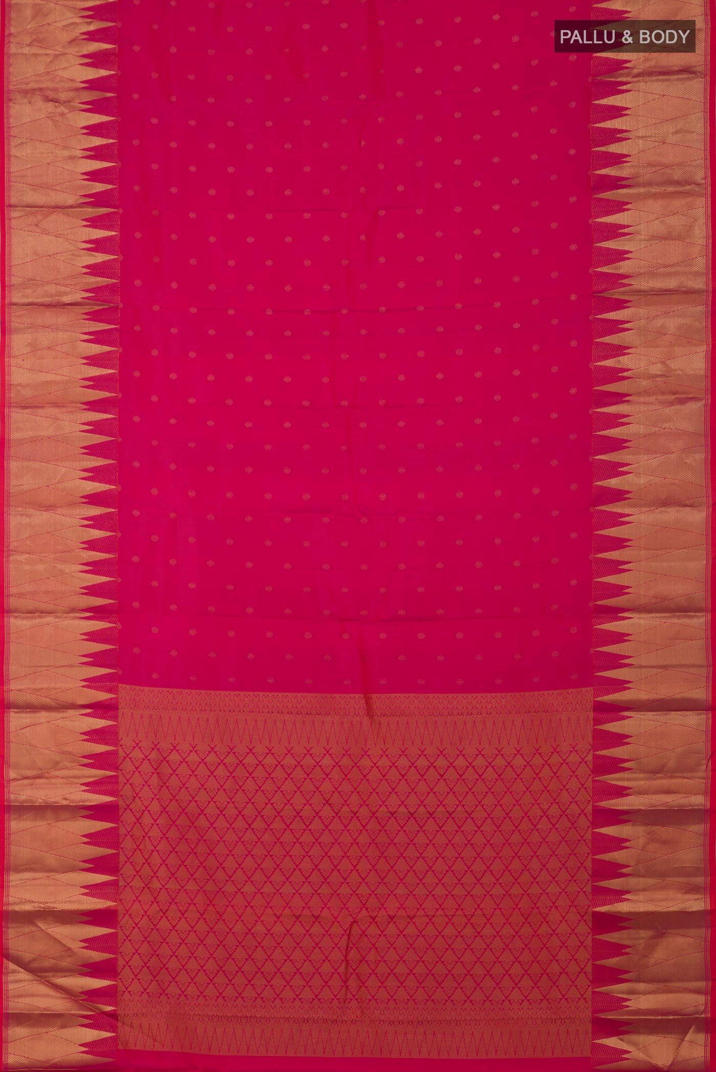 Flat view of Pink Kanchipuram Silk Saree with Zari Butta on the body and Temple Border. 