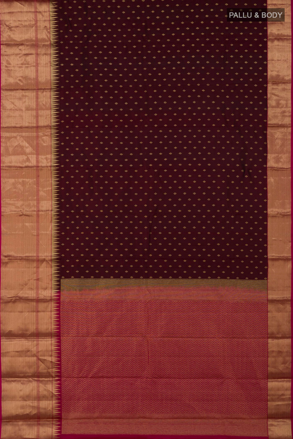 Flat view of Brown Kanchipuram Silk Saree with Zari Butta on the body and Zari Border. 