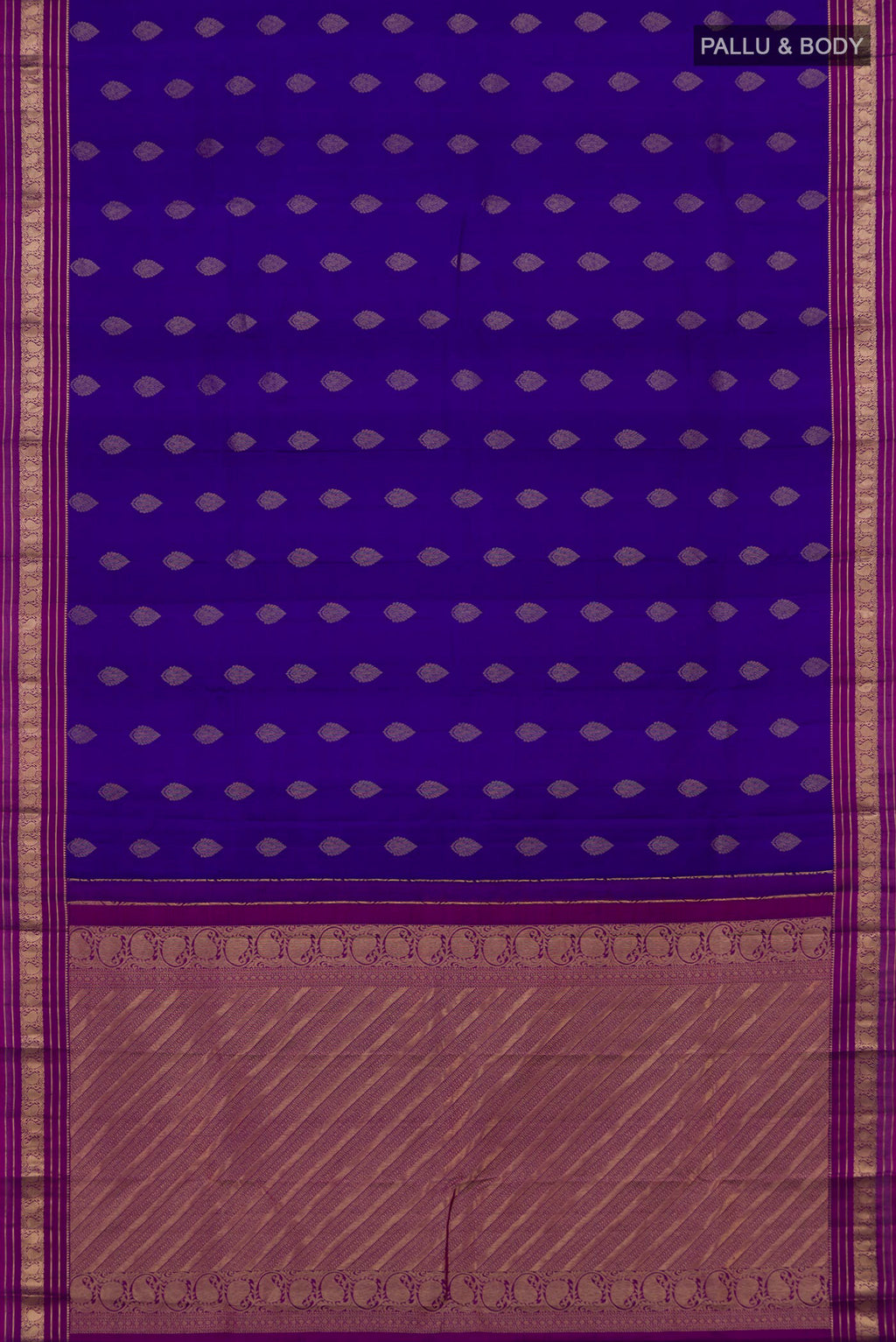 Flat view of Blue Kanchipuram Silk Saree with Zari Butta on the body and Zari Border. 