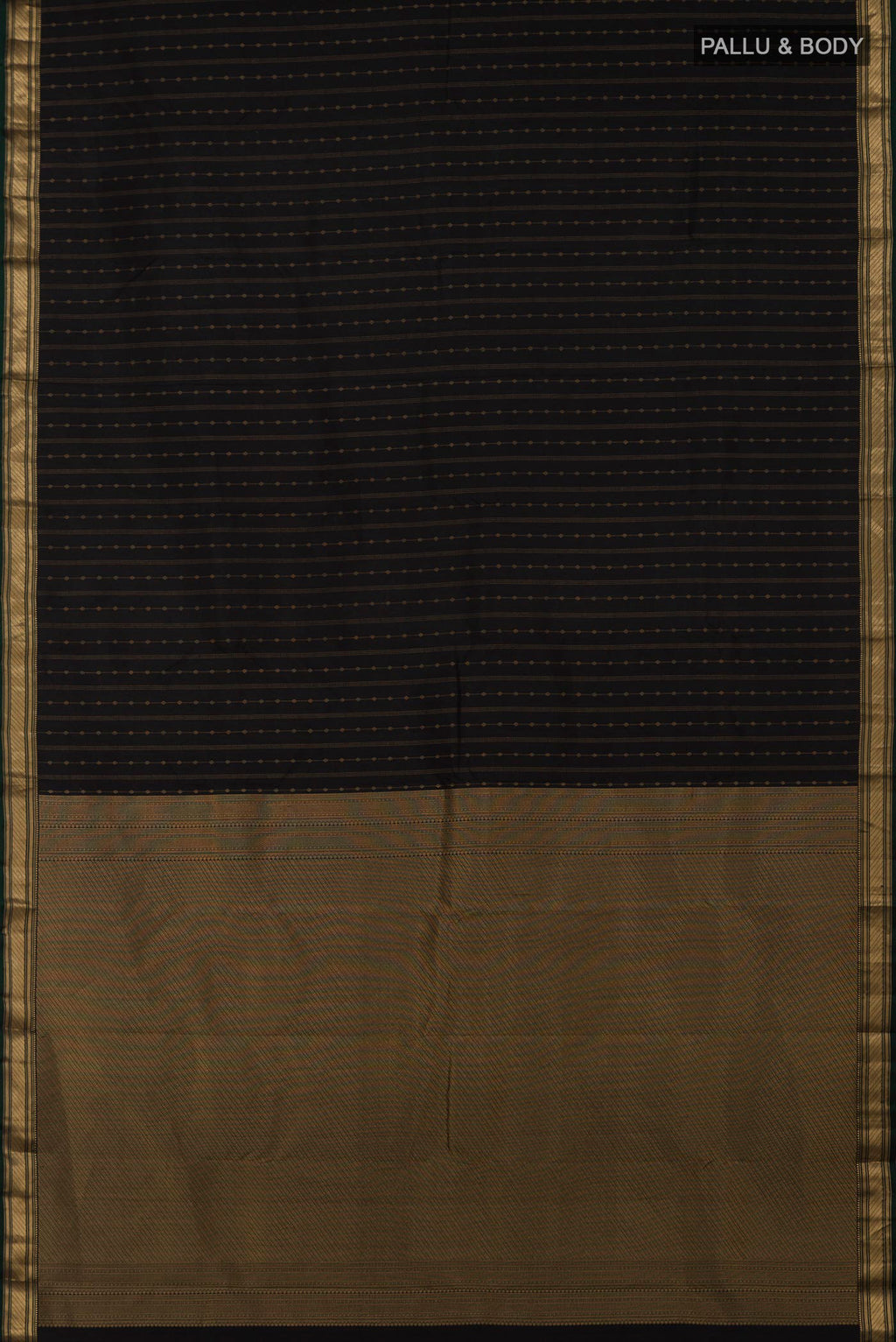 Flat view of Black Kanchipuram Silk Saree with Zari Butta on the body and Zari Border. 