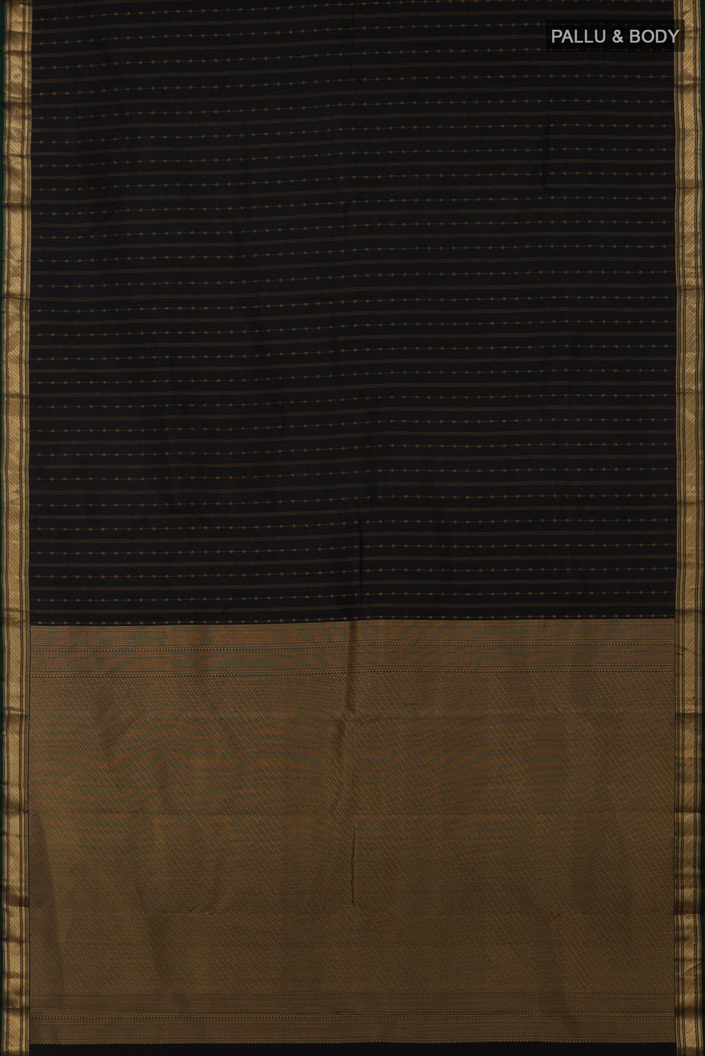 Flat view of Black Kanchipuram Silk Saree with Zari Butta on the body and Zari Border. 