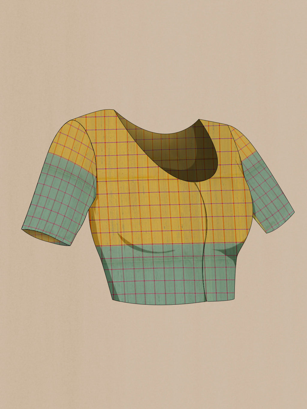 Close up image of the blouse of Multi Color Soft Silk Saree with Checked design on the body and Without Border. 