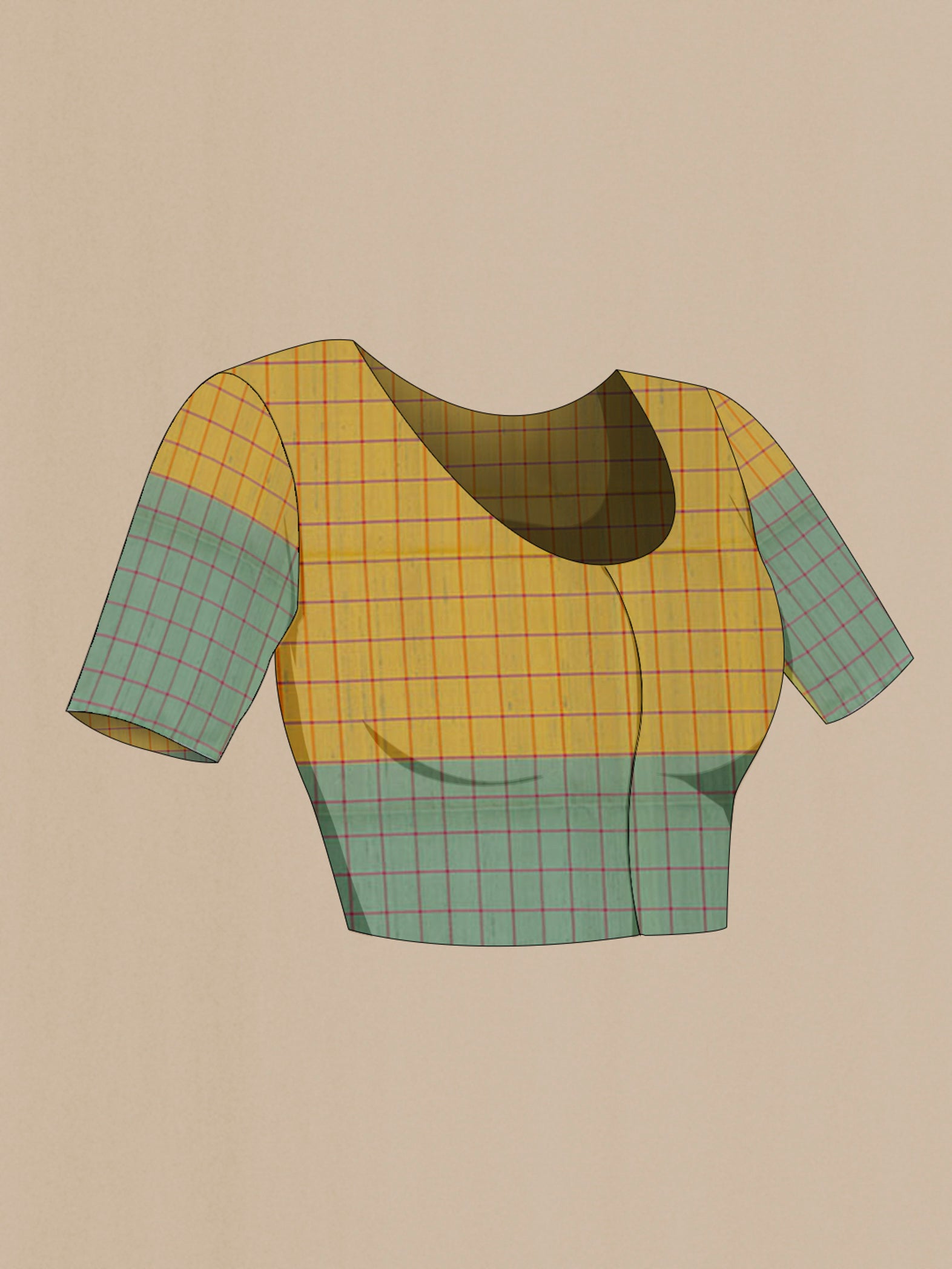 Close up image of the blouse of Multi Color Soft Silk Saree with Checked design on the body and Without Border. 
