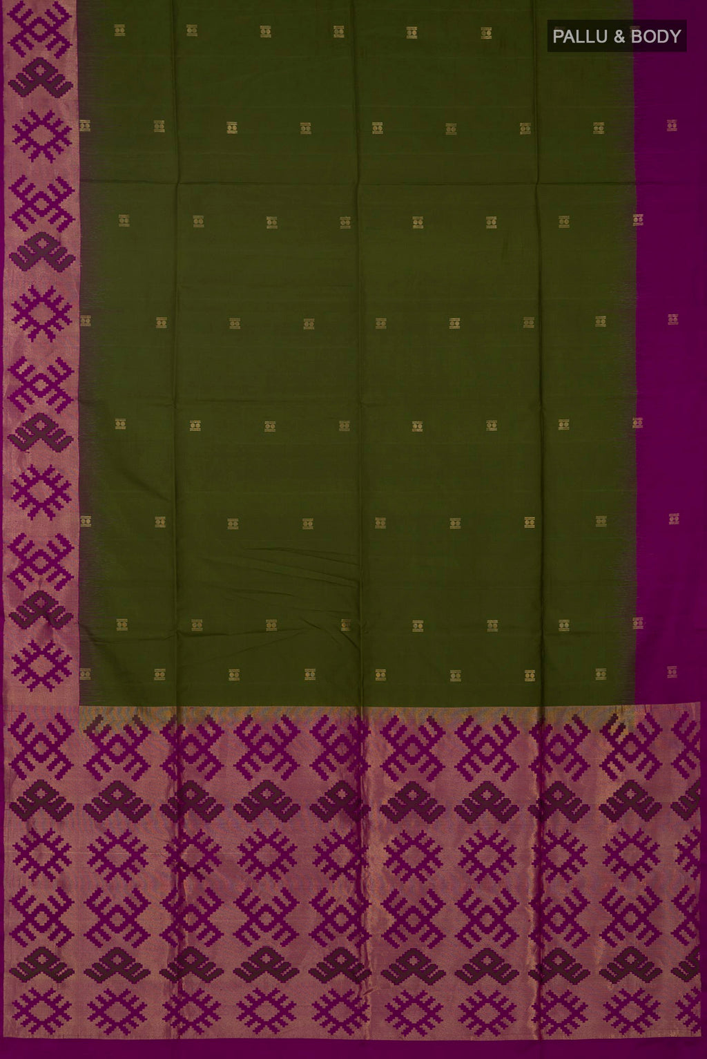 Flat view of Green Soft Silk Saree with Zari Butta on the body and Fancy Border. 