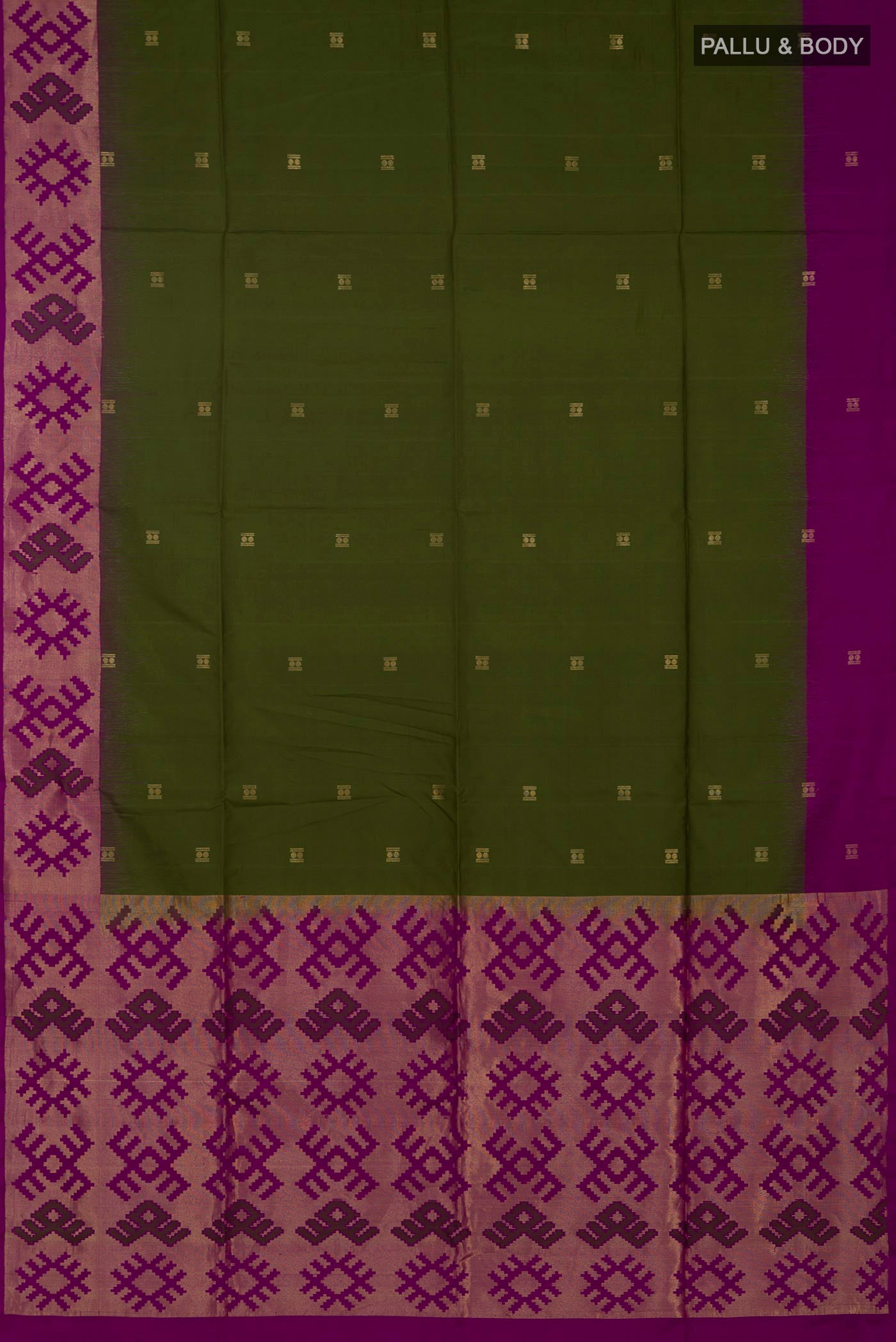 Flat view of Green Soft Silk Saree with Zari Butta on the body and Fancy Border. 