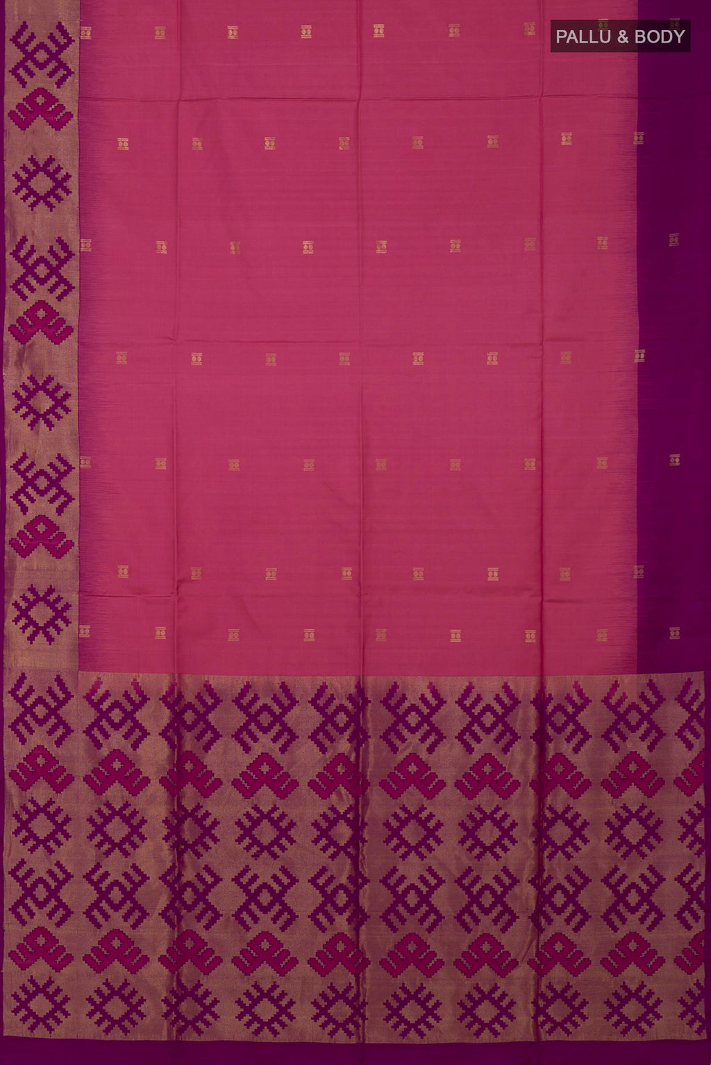 Flat view of Pink Soft Silk Saree with Zari Butta on the body and Fancy Border. 