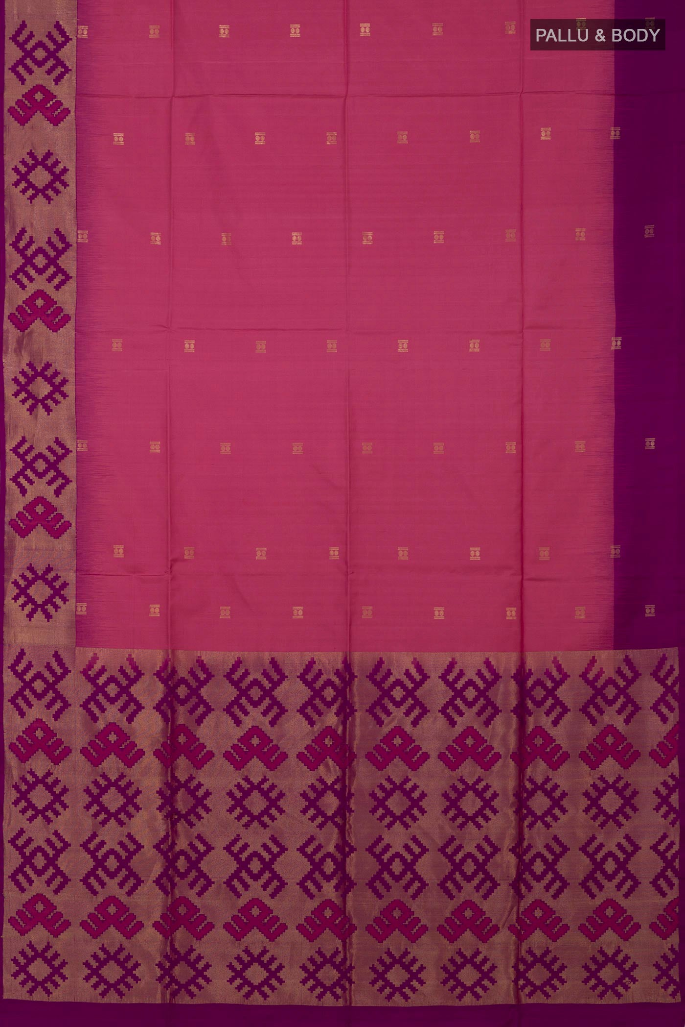 Flat view of Pink Soft Silk Saree with Zari Butta on the body and Fancy Border. 